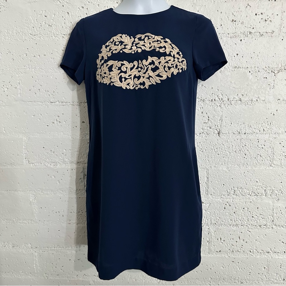 CeCe by Cynthia Steffe Womens Mini Dress 2 Blue Embroidered Lips Pockets Lined